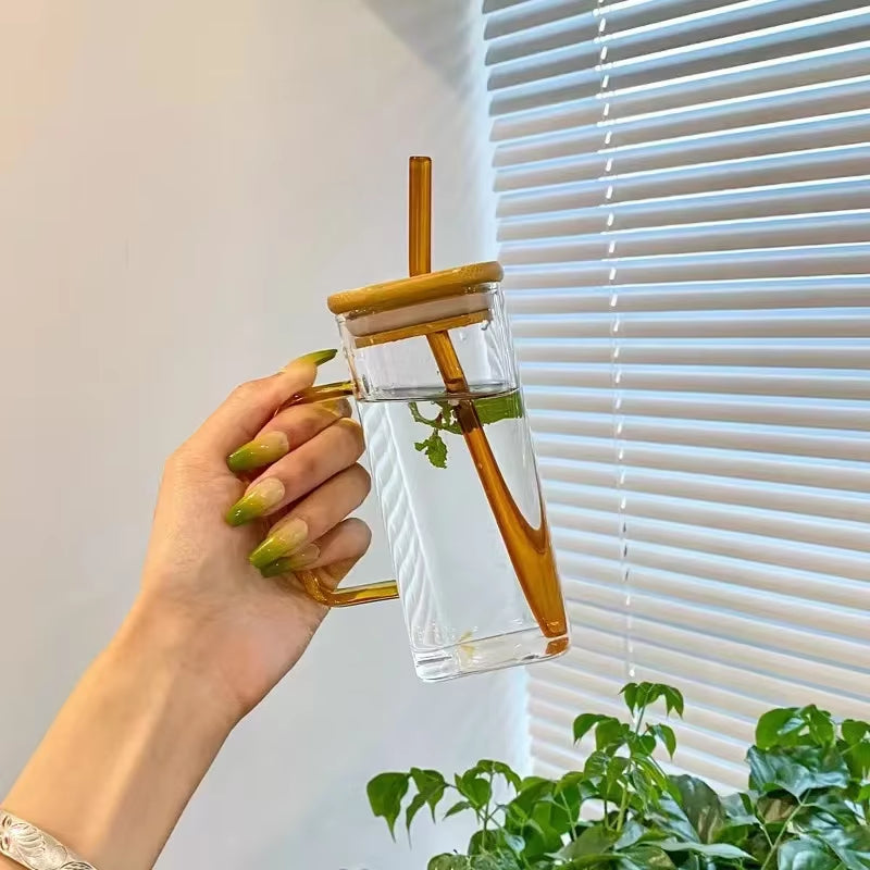 Clear Drinking Glasses Square Glass Cup with Bamboo Lid Colorful Glass Straw Milk Juice Bubble Tea Cup Large Capacity Water Cup