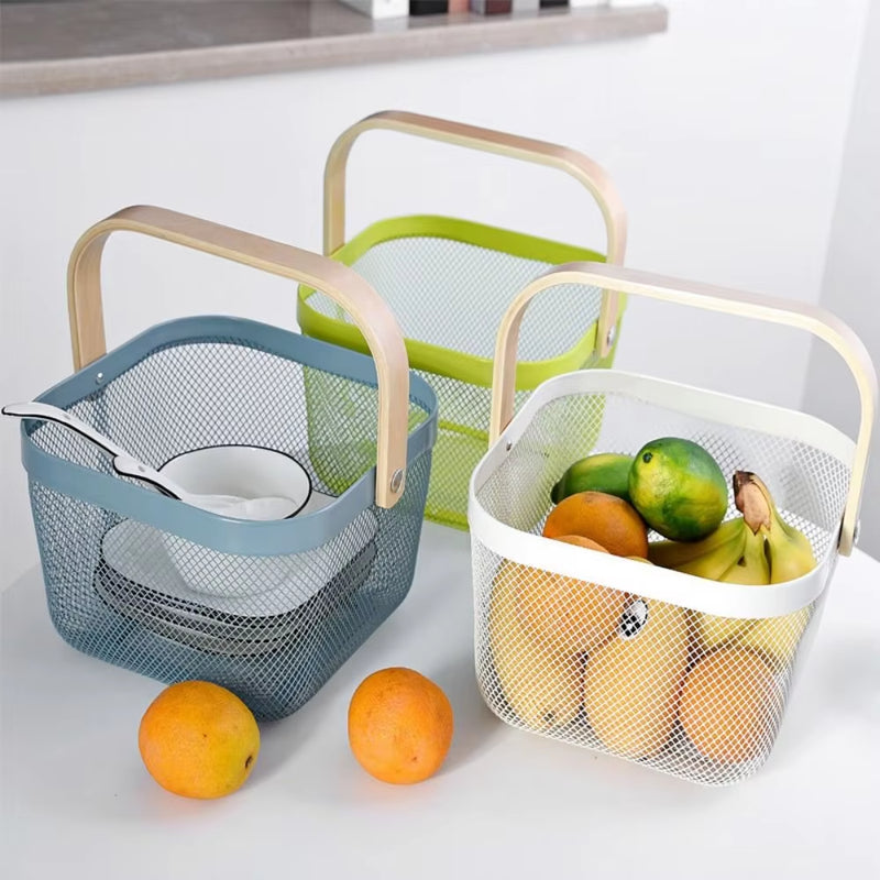 Metal Mesh Steel Basket Storage Organizer, Multi-Functional Hanging Kitchen Baskets, Fruit Basket Bin with Bamboo Handle