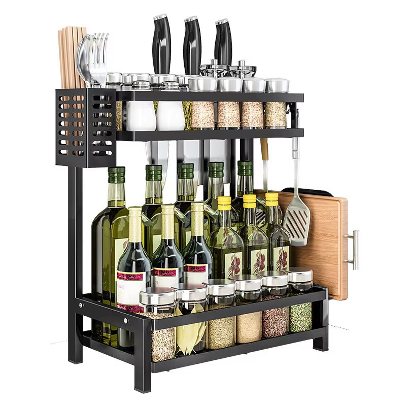 Spice Rack Organizer Free Standing 2 Tier Metal Spice Storage Rack Kitchen Counter Spice Seasoning Jars Shelf