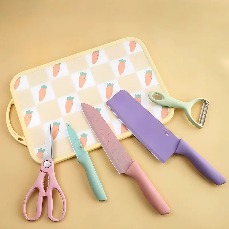 Plys-Kitchen Knife Set of 5 Pieces, Household Tool Combination, Wheat Straw Handle, Stainless Steel Knife Set