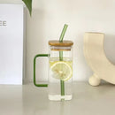 Clear Drinking Glasses Square Glass Cup with Bamboo Lid Colorful Glass Straw Milk Juice Bubble Tea Cup Large Capacity Water Cup