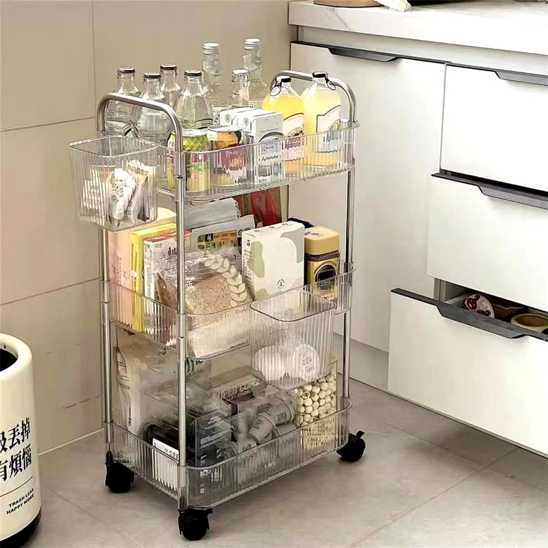 Durable Storage Rack Cart Multi-Tiered Rolling Cart for Snacks Bathroom Storage Transparent Basket Organizer Trolley with Wheels