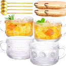 4Pcs14Oz Embossed Glass Cups Transparent with Spoons Overnight Oats Cup with Bamboo Lids