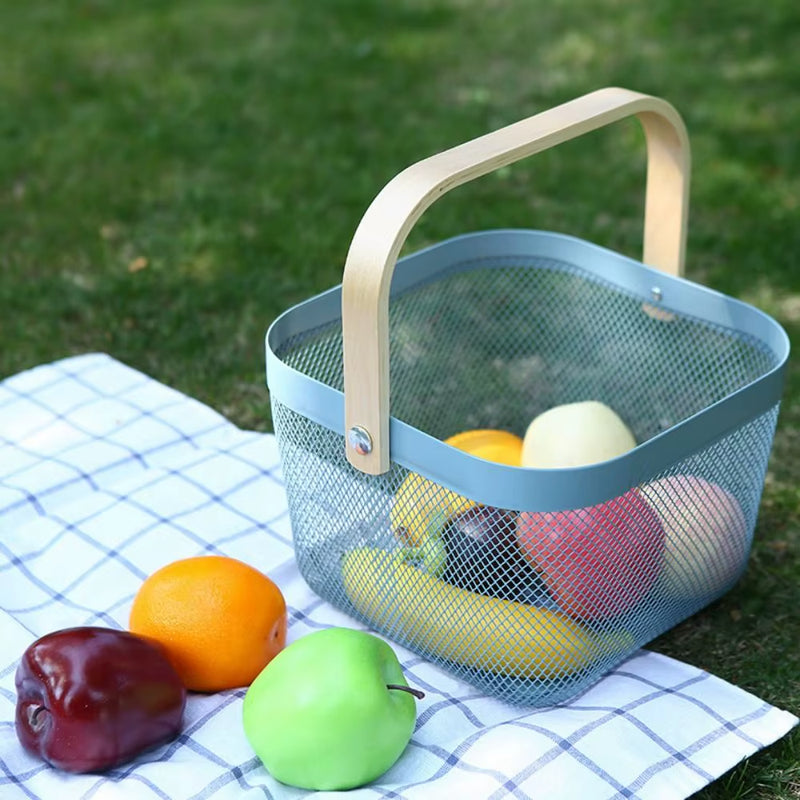 Metal Mesh Steel Basket Storage Organizer, Multi-Functional Hanging Kitchen Baskets, Fruit Basket Bin with Bamboo Handle