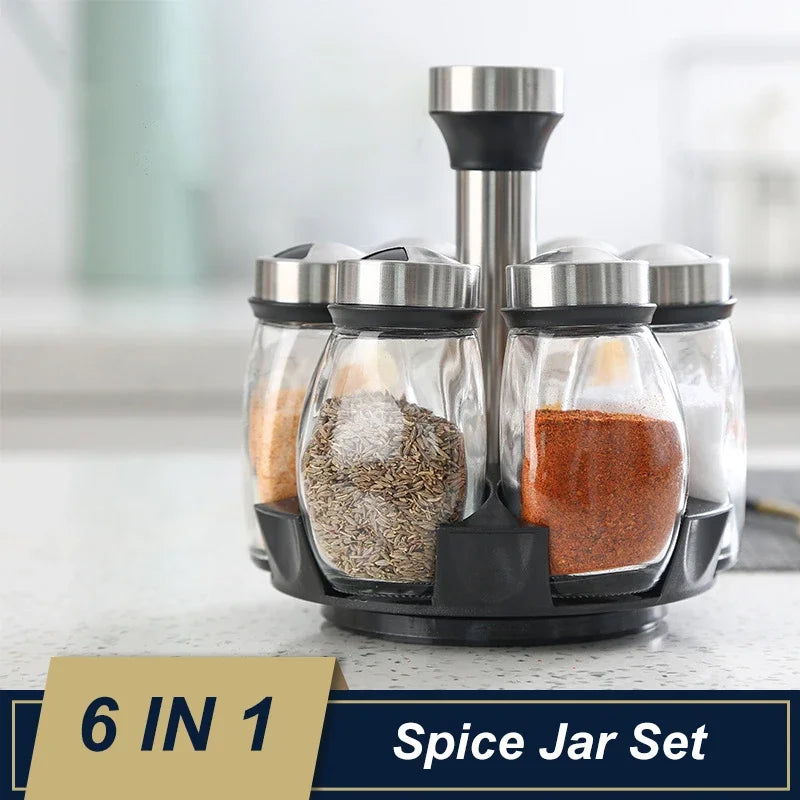 6 in 1 Spice Jar Set Rack Rotating Glass Seasoning Sugar Pepper Bottle