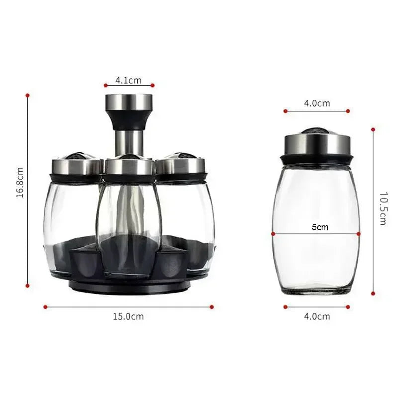 6 in 1 Spice Jar Set Rack Rotating Glass Seasoning Sugar Pepper Bottles Organizer Salt Shakers Holder Kitchen Storage Rack