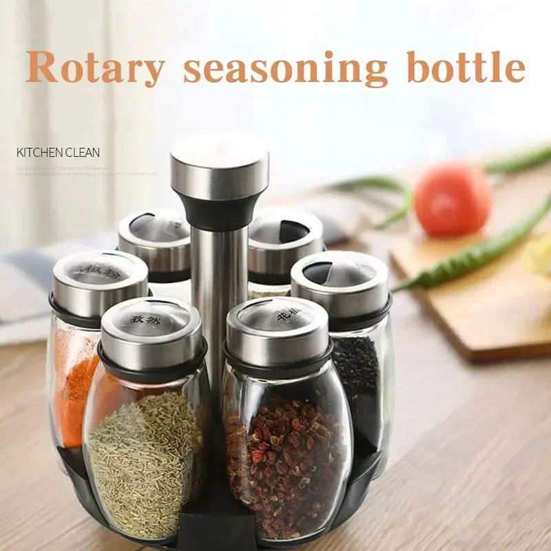 6 in 1 Spice Jar Set Rack Rotating Glass Seasoning Sugar Pepper Bottles Organizer Salt Shakers Holder Kitchen Storage Rack