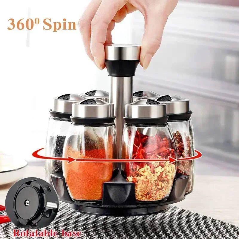 6 in 1 Spice Jar Set Rack Rotating Glass Seasoning Sugar Pepper Bottles Organizer Salt Shakers Holder Kitchen Storage Rack