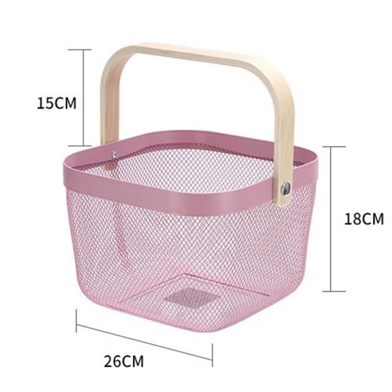 Metal Mesh Steel Basket Storage Organizer, Multi-Functional Hanging Kitchen Baskets, Fruit Basket Bin with Bamboo Handle