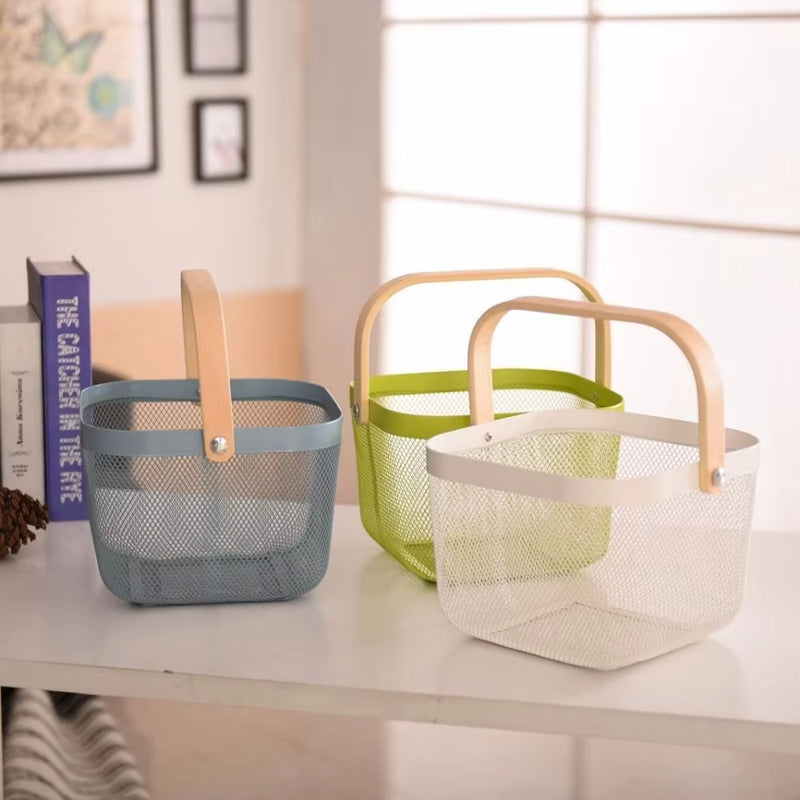 Metal Mesh Steel Basket Storage Organizer, Multi-Functional Hanging Kitchen Baskets, Fruit Basket Bin with Bamboo Handle