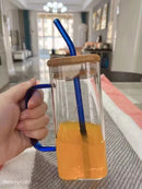 Clear Drinking Glasses Square Glass Cup with Bamboo Lid Colorful Glass Straw Milk Juice Bubble Tea Cup Large Capacity Water Cup