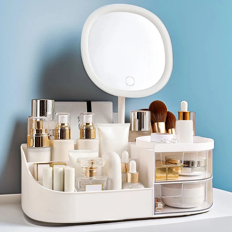 Makeup Storage Box with Mirror Desktop Dressing Table Makeup Mirror Cosmetics Jewelry Storage Box Touch Light Storage Organizer