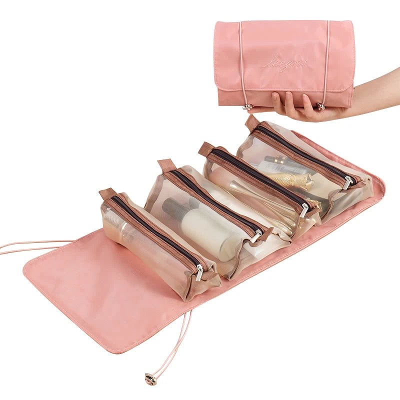4-In-1 Folding Detachable Nylon Mesh Storage Bags Large-Capacity Portable Travel Cosmetic Toilet Bag 