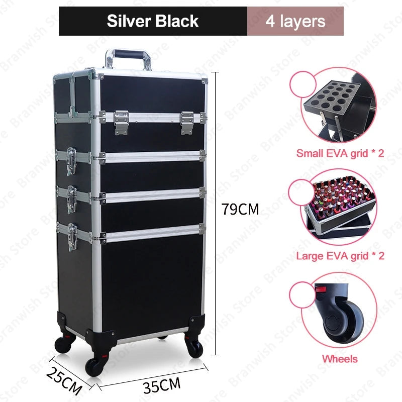 Professional Detachable Cosmetic Case Beauty Nail Makeup Train Case Rolling Makeup Travel Case Tool Box Makeup Storage Organizer