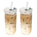 Square Heat Resistant Coffee Glass Cup with Lid and Straw Transparent Milk Tea Juice Cups Coffee Mug