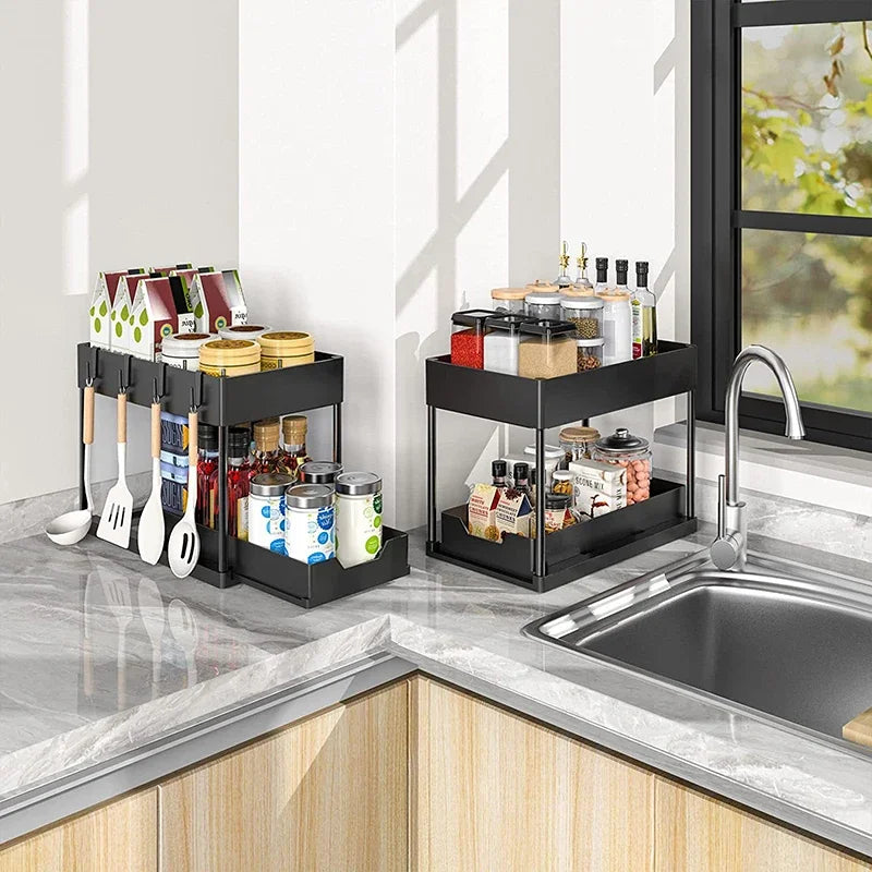 Under Sink Organizer 2 Tier Bathroom Cabinet Organizer with Sliding Basket