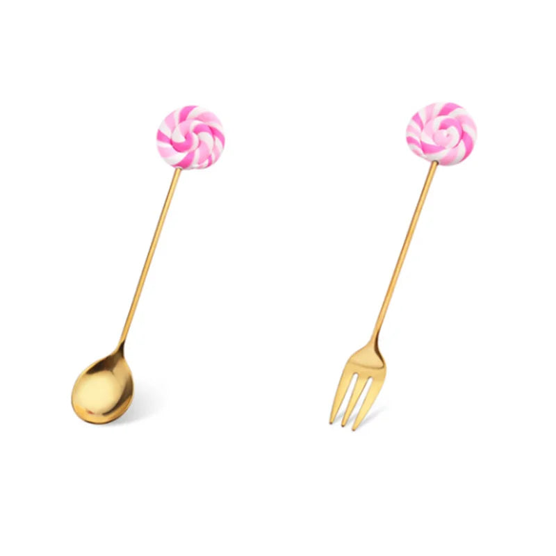 Stainless Steel Spoon Fork Cute Version Rainbow Lollipop Donut Spoons Fruit Forks Kids Set Macaron Dessert Kitchen Accessories