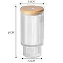 350Ml Vintage Glass Cups with Bamboo Lids and Straws  Ribbed Cocktail Glasses 