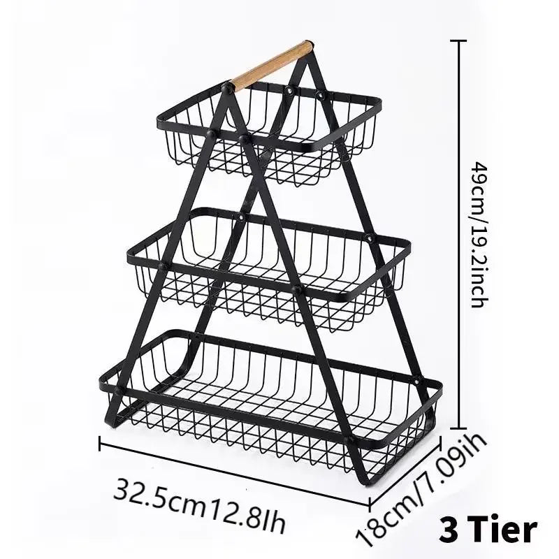 Metal Fruit Basket Bowl for Kitchen Fruit and Vegetable Storage Metal Holder Wood Lift Handle 3 Tier Removable Assembled