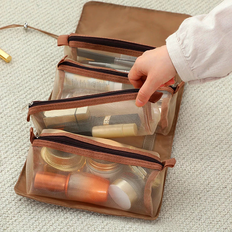 4-In-1 Folding Detachable Nylon Mesh Storage Bags Large-Capacity Portable Travel Cosmetic Toilet Bag 