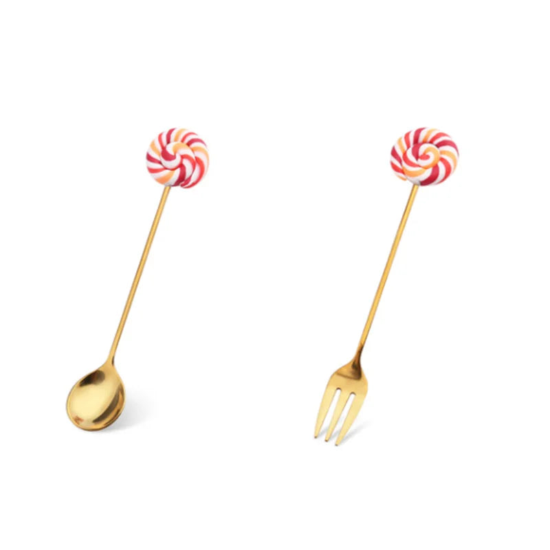 Stainless Steel Spoon Fork Cute Version Rainbow Lollipop Donut Spoons Fruit Forks Kids Set Macaron Dessert Kitchen Accessories