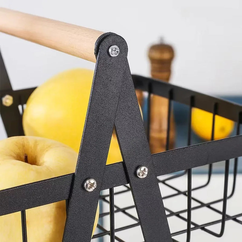 Metal Fruit Basket Bowl for Kitchen Fruit and Vegetable Storage Metal Holder Wood Lift Handle 3 Tier Removable Assembled