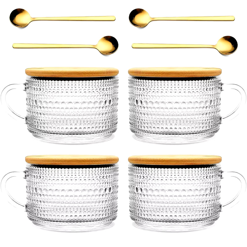 4Pcs14Oz Embossed Glass Cups Transparent with Spoons Overnight Oats Cup with Bamboo Lids
