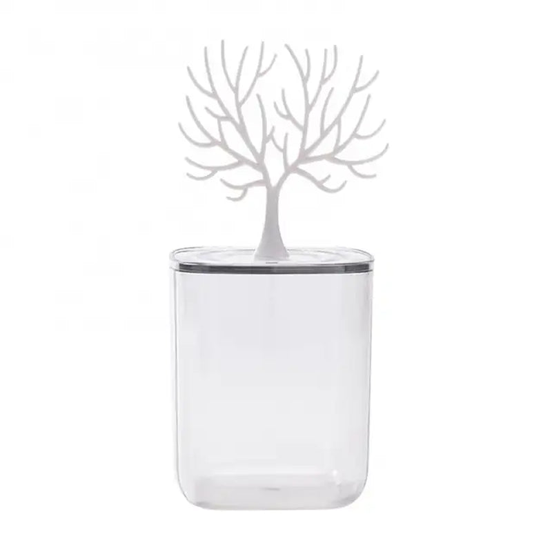 Clear Waterproof Cotton Swab Storage Box with Tree Shaped Jewelry Shelf Lid