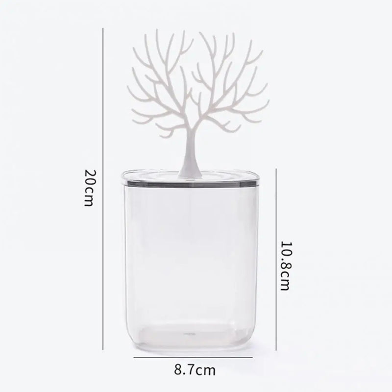 Clear Waterproof Cotton Swab Storage Box with Tree Shaped Jewelry Shelf Lid