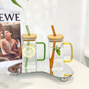 Clear Drinking Glasses Square Glass Cup with Bamboo Lid Colorful Glass Straw Milk Juice Bubble Tea Cup Large Capacity Water Cup