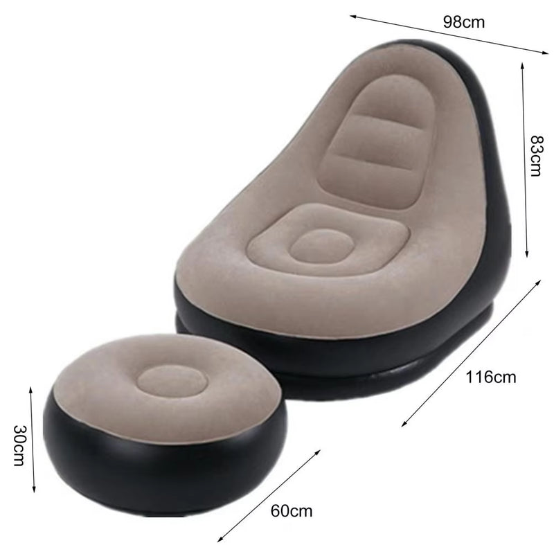 Inflatable Lazy Sofa Chair PVC Flocking Foldable Sofa with Foot Stool Slip-On Lunch Lounge Chair Set Outdoor Folding Lounger Bed