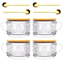 4Pcs14Oz Embossed Glass Cups Transparent with Spoons Overnight Oats Cup with Bamboo Lids