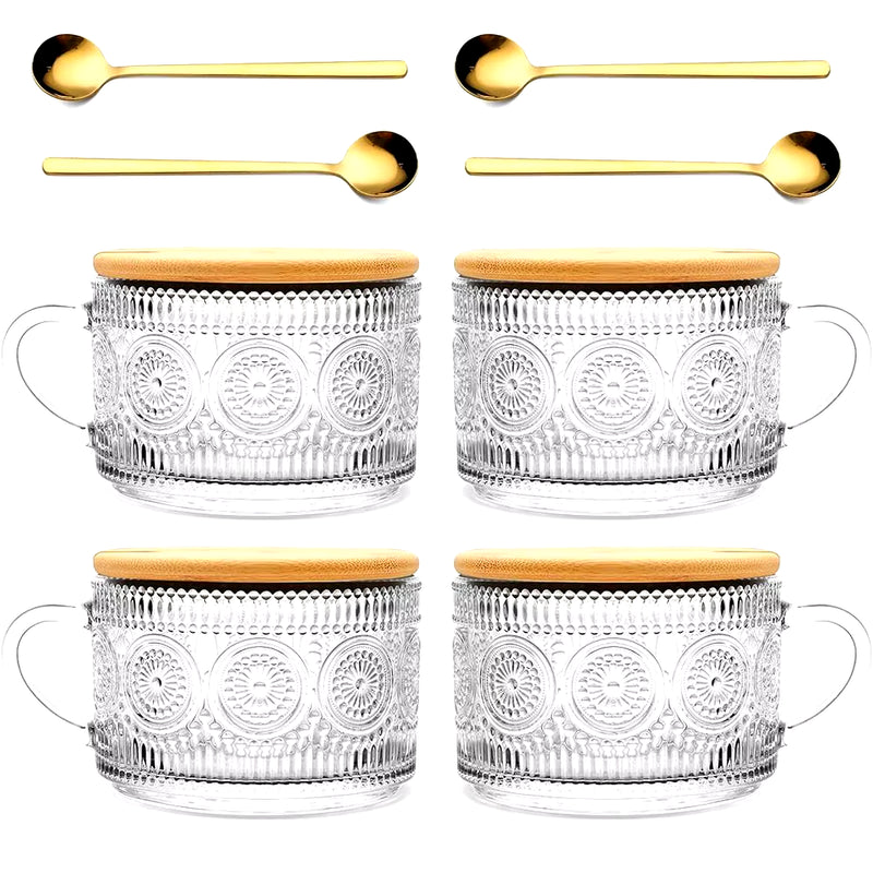 4Pcs14Oz Embossed Glass Cups Transparent with Spoons Overnight Oats Cup with Bamboo Lids