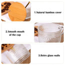 4Pcs14Oz Embossed Glass Cups Transparent with Spoons Overnight Oats Cup with Bamboo Lids