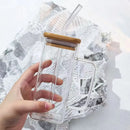 Clear Drinking Glasses Square Glass Cup with Bamboo Lid Colorful Glass Straw Milk Juice Bubble Tea Cup Large Capacity Water Cup