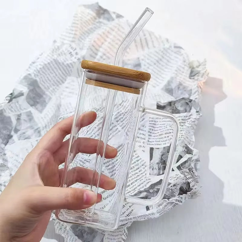 Clear Drinking Glasses Square Glass Cup with Bamboo Lid Colorful Glass Straw Milk Juice Bubble Tea Cup Large Capacity Water Cup