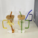 Clear Drinking Glasses Square Glass Cup with Bamboo Lid Colorful Glass Straw Milk Juice Bubble Tea Cup Large Capacity Water Cup