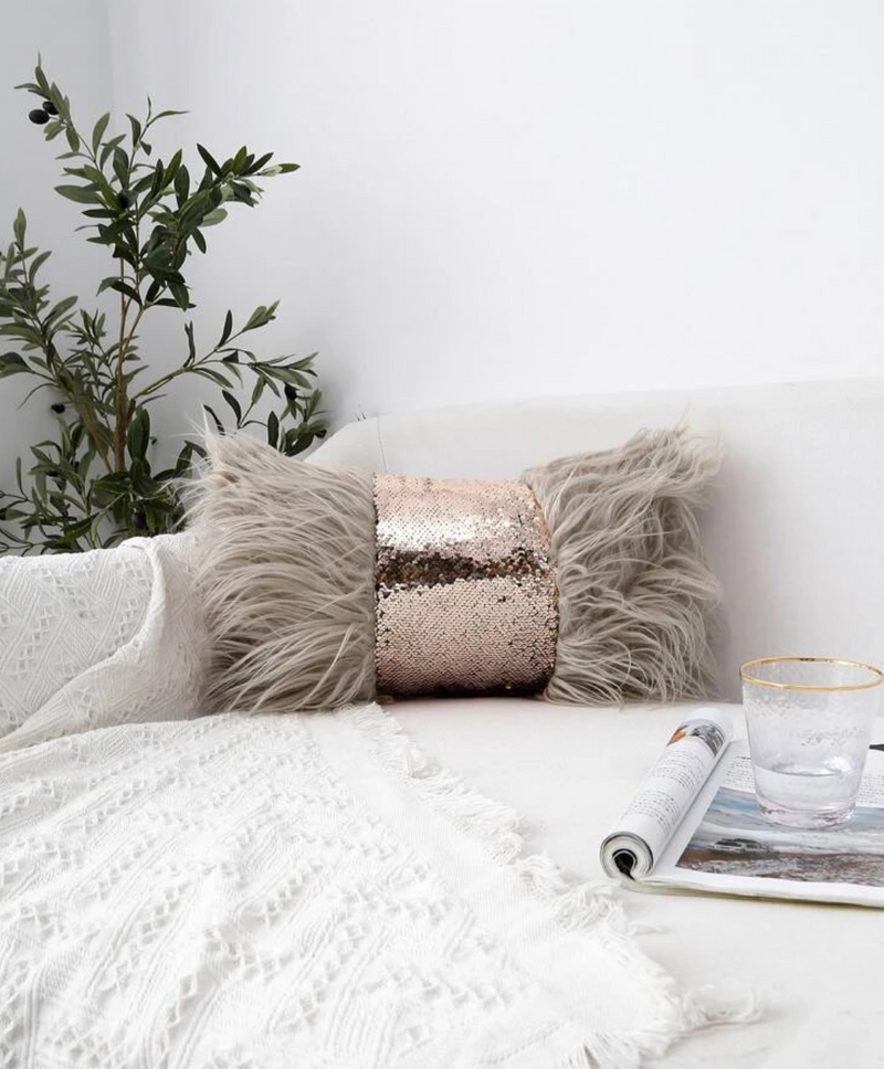 Sequin Faux Fur Decorative Cushion