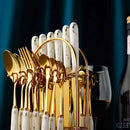 24pcs Gold Dinnerware Flatware Set with Marbled Ceramic Handle & Holder