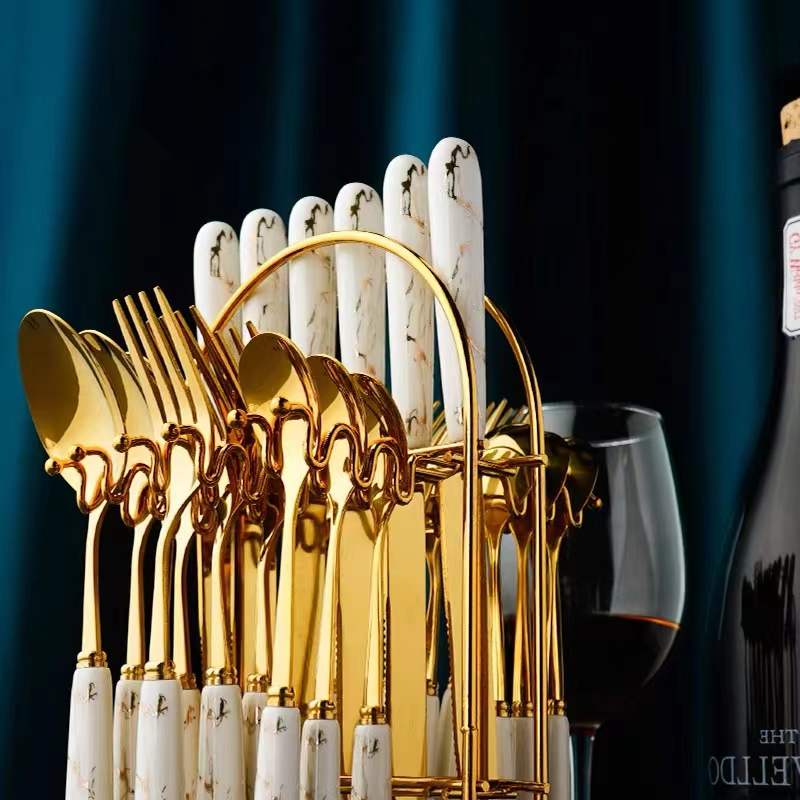 24pcs Gold Dinnerware Flatware Set with Marbled Ceramic Handle & Holder