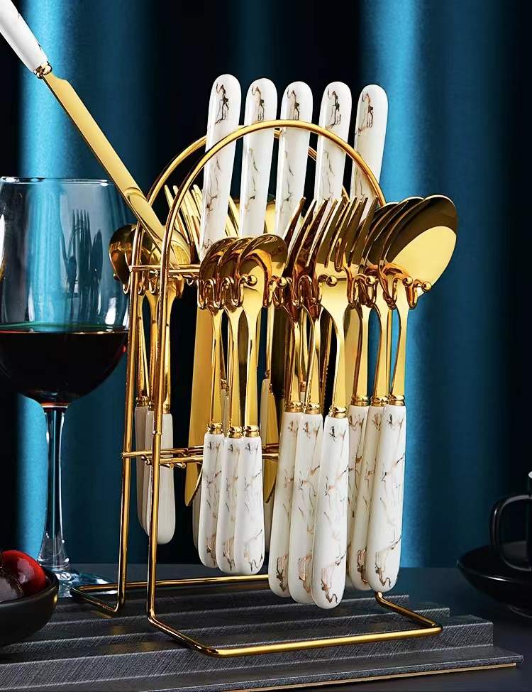 24pcs Gold Dinnerware Flatware Set with Marbled Ceramic Handle & Holder