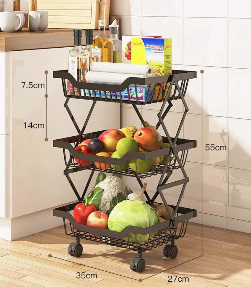 3-Tier Carbon Steel Kitchen Storage Collapsible Basket Rolling Cart