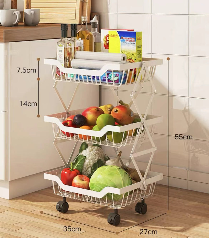 3-Tier Carbon Steel Kitchen Storage Collapsible Basket Rolling Cart