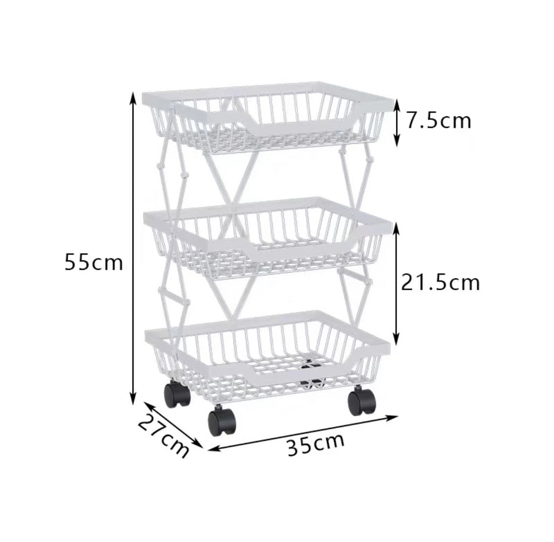 3-Tier Carbon Steel Kitchen Storage Collapsible Basket Rolling Cart