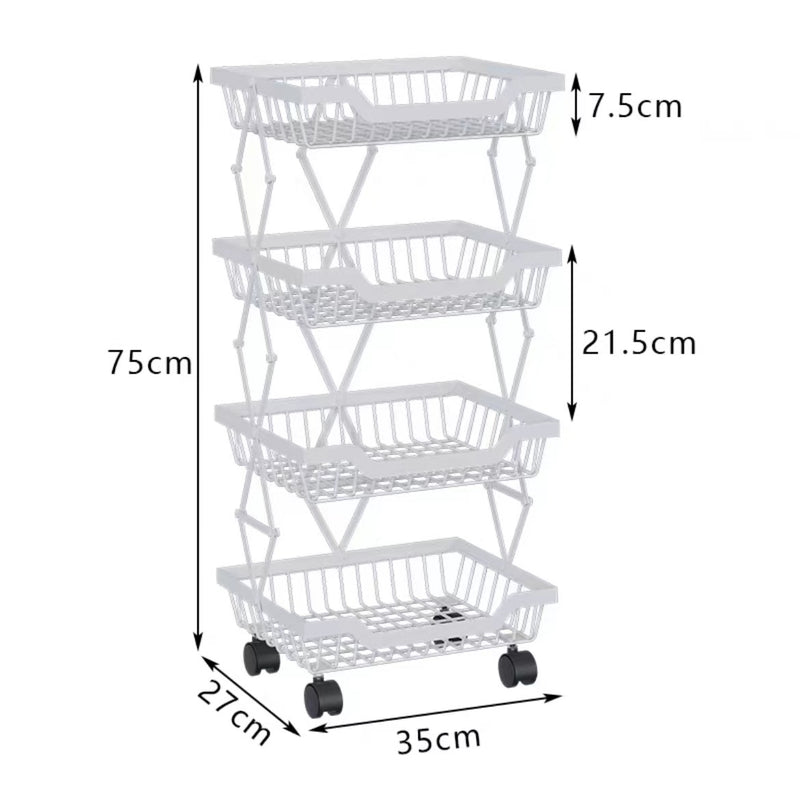 4-Tier Carbon Steel Kitchen Storage Collapsible Basket Rolling Cart