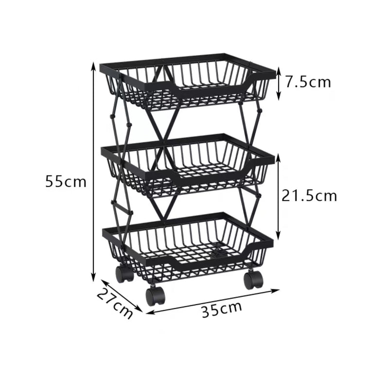 3-Tier Carbon Steel Kitchen Storage Collapsible Basket Rolling Cart