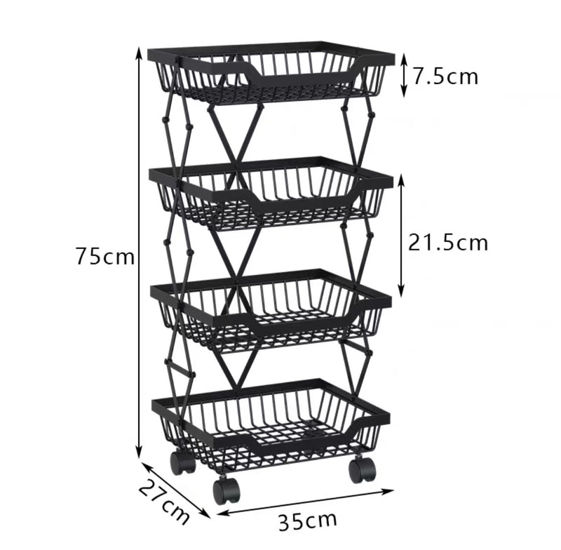 4-Tier Carbon Steel Kitchen Storage Collapsible Basket Rolling Cart