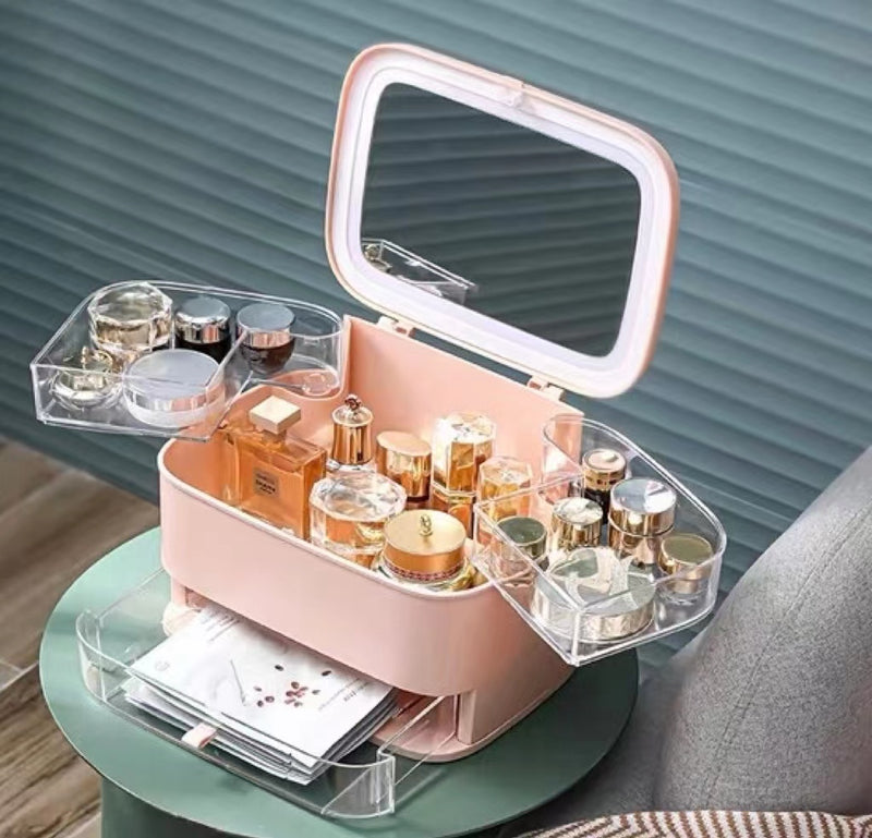 SN007 Dust-Proof Large Capacity Cosmetic Storage Box with Mirror - Pink