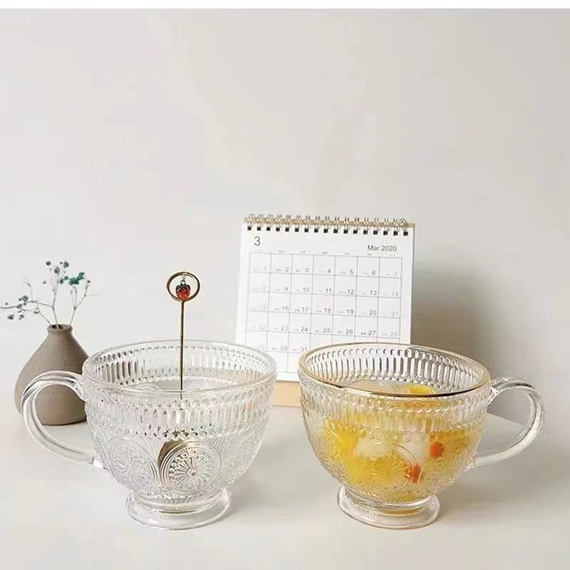 Nordic Style Sunflower Embossed Glass Coffee Cup Tea Cup - Set of 2