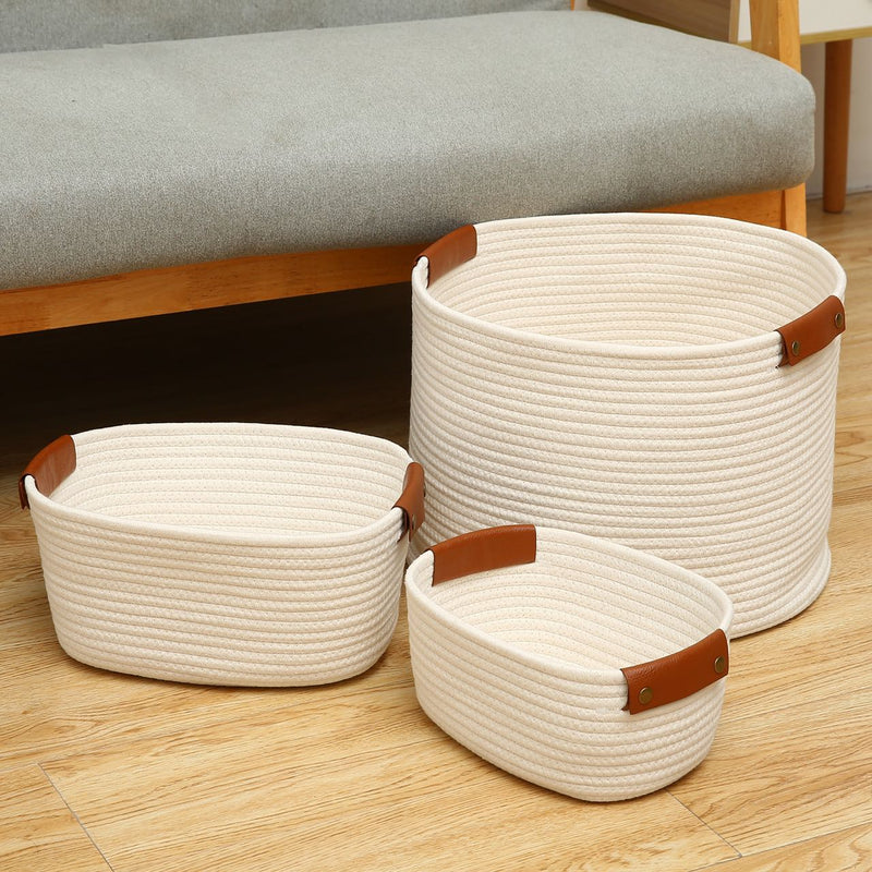 Set of 3 Cotton Thread Rope Handmade Storage Basket Home Storage Organizer